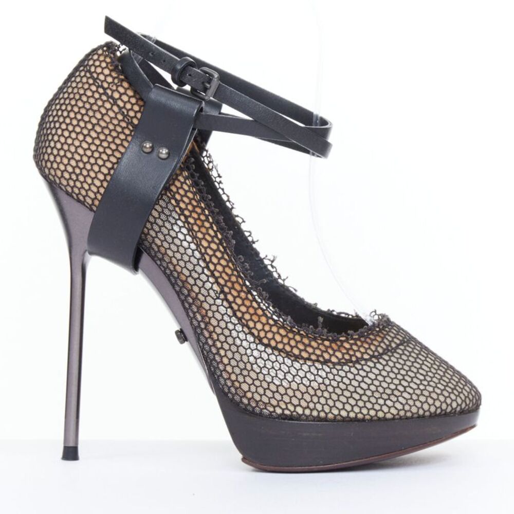 Lanvin 2011 Black Fishnet Mesh Ankle Harness Platform Heels